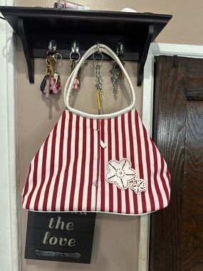 Striped Red & White Shoulder Bag with Floral Appliqué